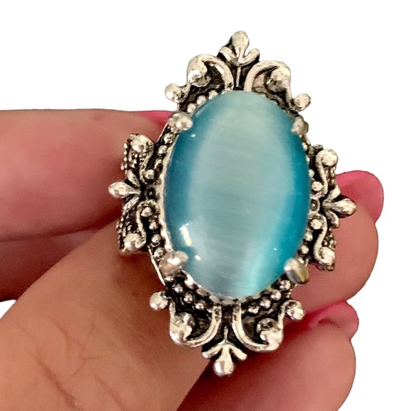 Ocean Blue Cat’s Eye Silver Plated Statement Fashion Ring Size 7 - Picture 11 of 15